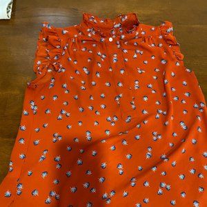 Red Shell with Blue Flowers, Ruffle Sleeves